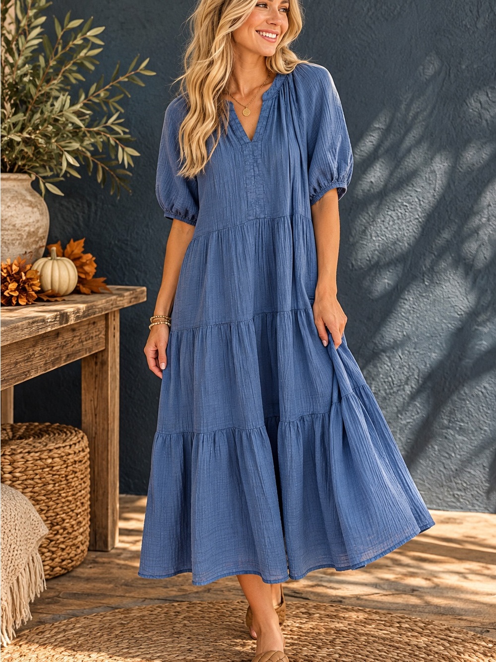 Wonderly | 100% Cotton Dusty Blue Gauze Maxi Dress | Tiered V-Neck
